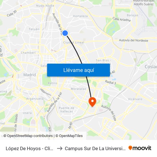 López De Hoyos - Clínica San Juan De Dios to Campus Sur De La Universidad Politécnica De Madrid map