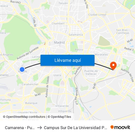 Camarena - Puerto Chico to Campus Sur De La Universidad Politécnica De Madrid map