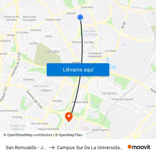 San Romualdo - Julián Camarillo to Campus Sur De La Universidad Politécnica De Madrid map