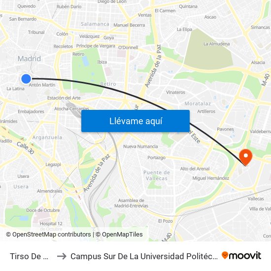 Tirso De Molina to Campus Sur De La Universidad Politécnica De Madrid map