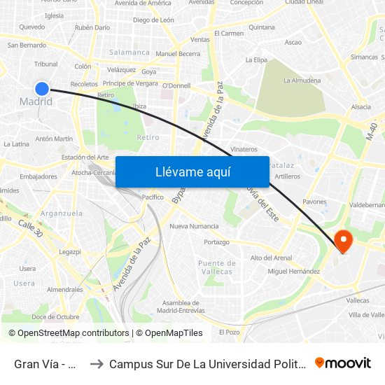 Gran Vía - Montera to Campus Sur De La Universidad Politécnica De Madrid map