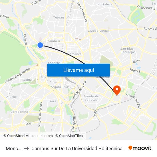 Moncloa to Campus Sur De La Universidad Politécnica De Madrid map