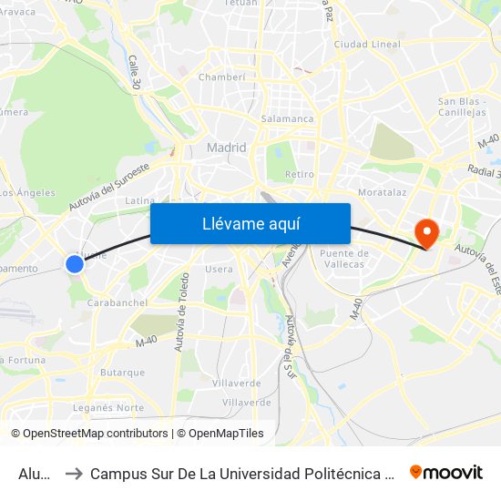 Aluche to Campus Sur De La Universidad Politécnica De Madrid map