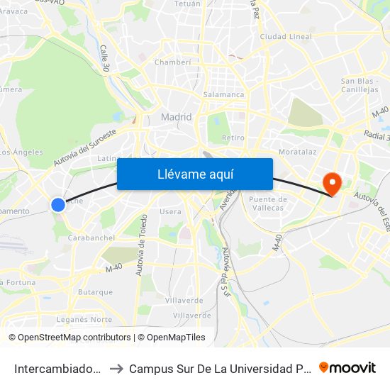 Intercambiador De Aluche to Campus Sur De La Universidad Politécnica De Madrid map