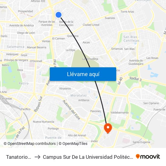 Tanatorio M-30 to Campus Sur De La Universidad Politécnica De Madrid map