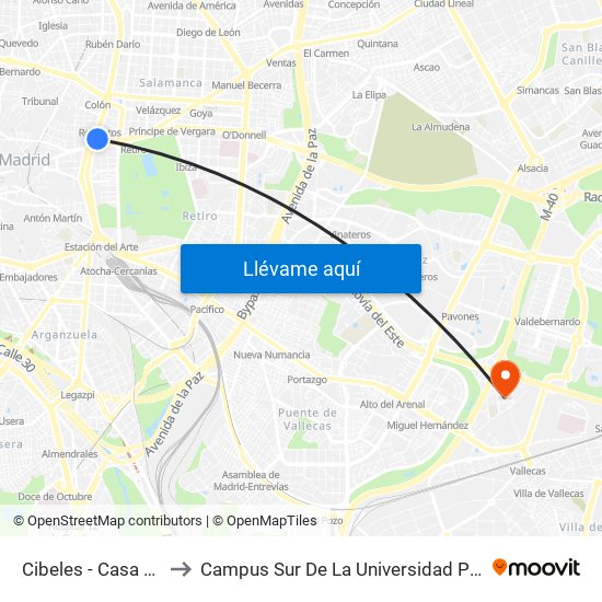 Cibeles - Casa De América to Campus Sur De La Universidad Politécnica De Madrid map