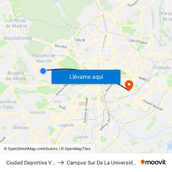 Ciudad Deportiva Valle De Las Cañas to Campus Sur De La Universidad Politécnica De Madrid map