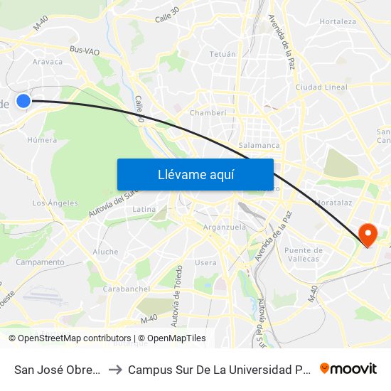 San José Obrero - Júpiter to Campus Sur De La Universidad Politécnica De Madrid map