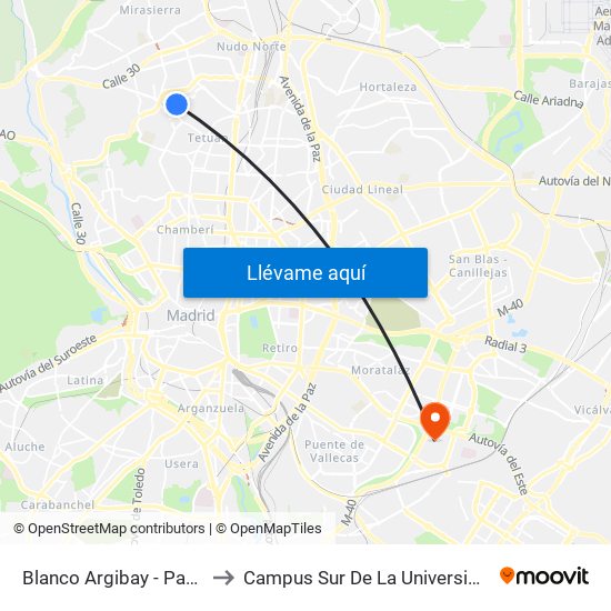 Blanco Argibay - Paseo De La Dirección to Campus Sur De La Universidad Politécnica De Madrid map
