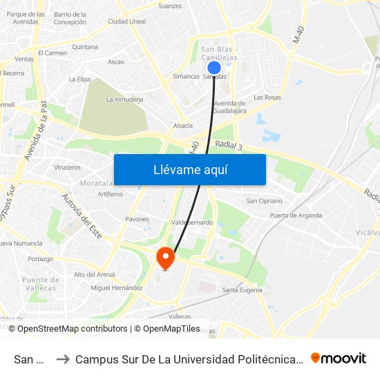 San Blas to Campus Sur De La Universidad Politécnica De Madrid map