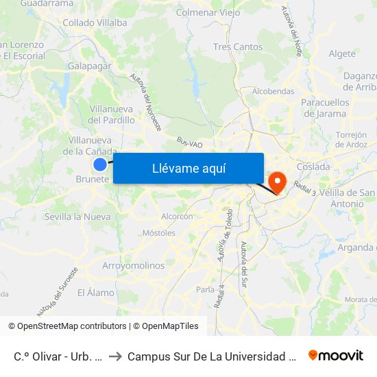 C.º Olivar - Urb. Las Velisas to Campus Sur De La Universidad Politécnica De Madrid map