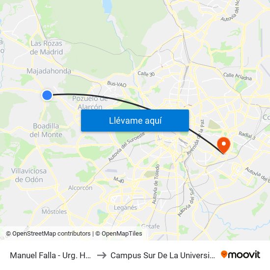 Manuel Falla - Urg. Hospital Pta. De Hierro to Campus Sur De La Universidad Politécnica De Madrid map
