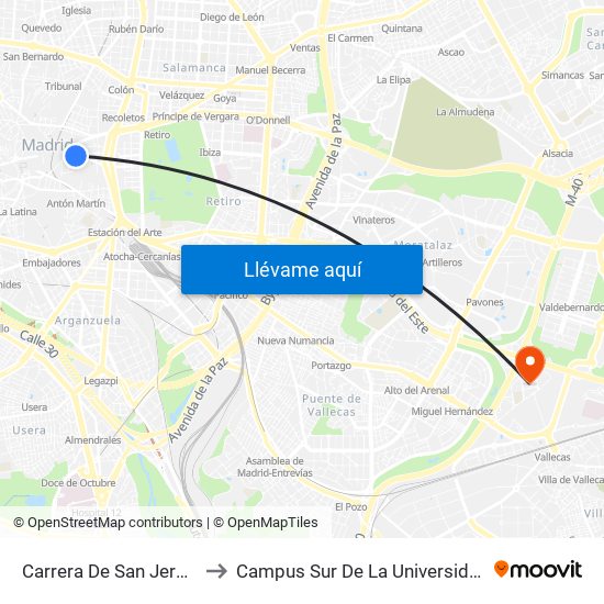 Carrera De San Jerónimo - Cedaceros to Campus Sur De La Universidad Politécnica De Madrid map