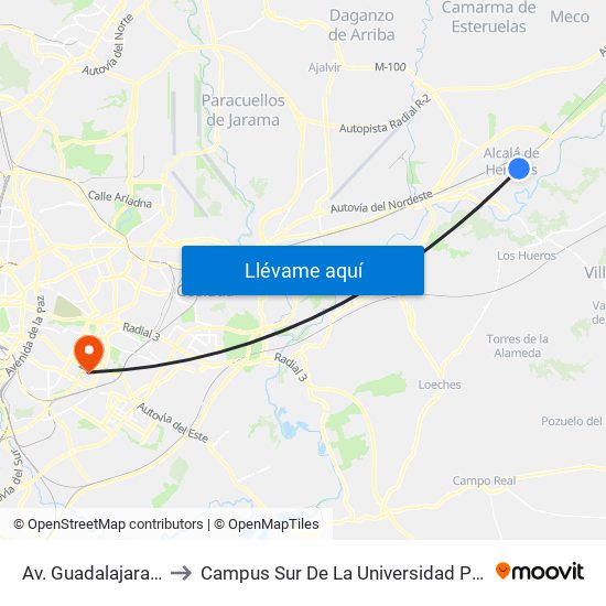 Av. Guadalajara - Brihuega to Campus Sur De La Universidad Politécnica De Madrid map