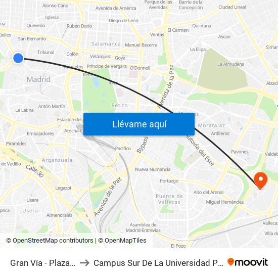 Gran Vía - Plaza De España to Campus Sur De La Universidad Politécnica De Madrid map