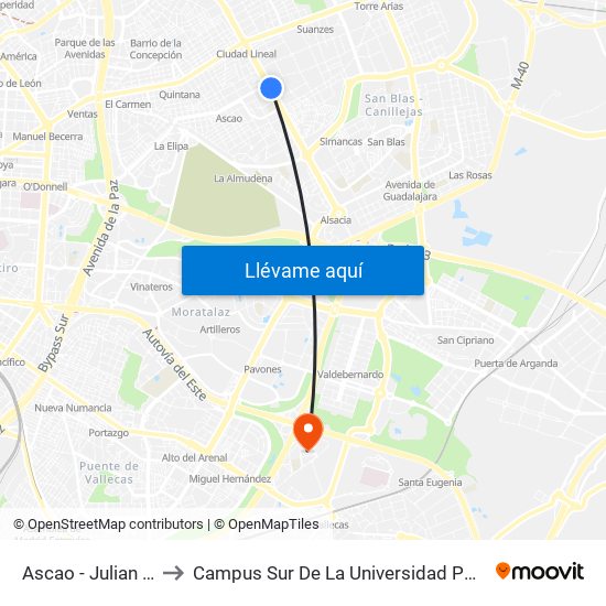 Ascao - Julian Camarillo to Campus Sur De La Universidad Politécnica De Madrid map