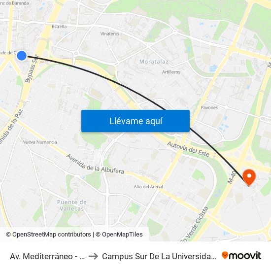 Av. Mediterráneo - Conde De Casal to Campus Sur De La Universidad Politécnica De Madrid map