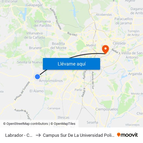 Labrador - Cafarnaún to Campus Sur De La Universidad Politécnica De Madrid map