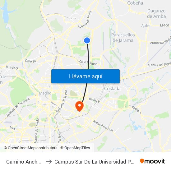 Camino Ancho - Colegio to Campus Sur De La Universidad Politécnica De Madrid map