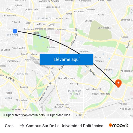 Gran Vía to Campus Sur De La Universidad Politécnica De Madrid map