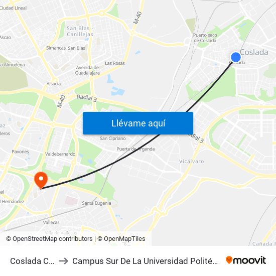 Coslada Central to Campus Sur De La Universidad Politécnica De Madrid map