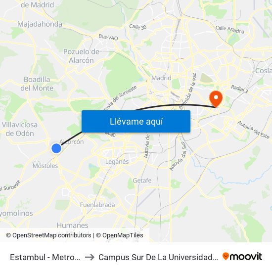 Estambul - Metro Parque Oeste to Campus Sur De La Universidad Politécnica De Madrid map