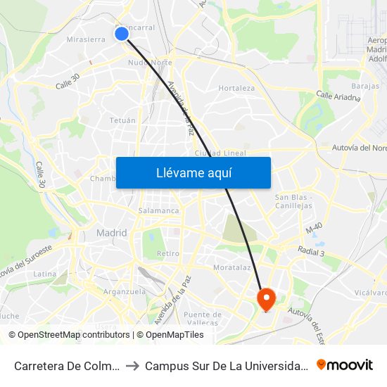 Carretera De Colmenar - Badalona to Campus Sur De La Universidad Politécnica De Madrid map