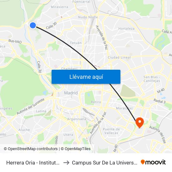 Herrera Oria - Instituto De Estudios Fiscales to Campus Sur De La Universidad Politécnica De Madrid map