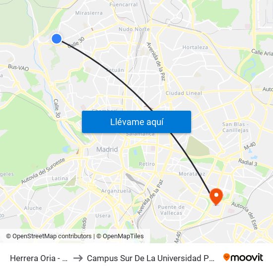 Herrera Oria - Gascones to Campus Sur De La Universidad Politécnica De Madrid map