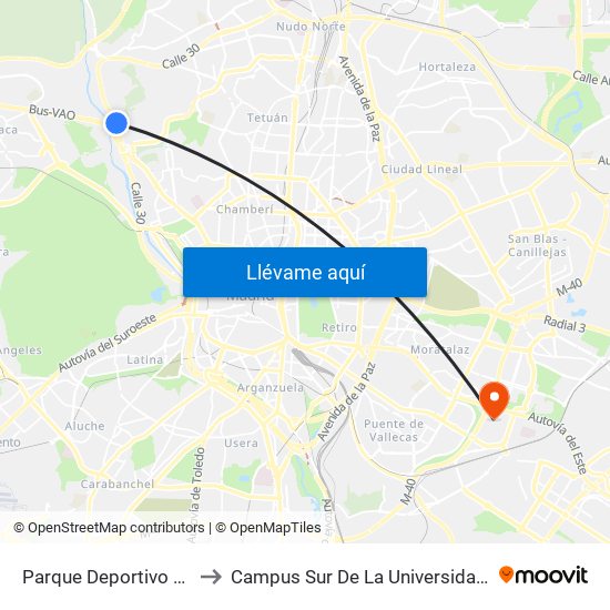 Parque Deportivo Puerta De Hierro to Campus Sur De La Universidad Politécnica De Madrid map