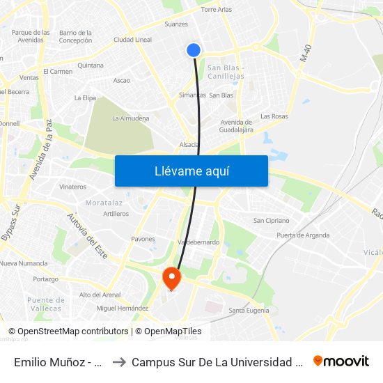 Emilio Muñoz - Miguel Yuste to Campus Sur De La Universidad Politécnica De Madrid map