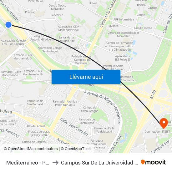 Mediterráneo - Pérez De Ayala to Campus Sur De La Universidad Politécnica De Madrid map