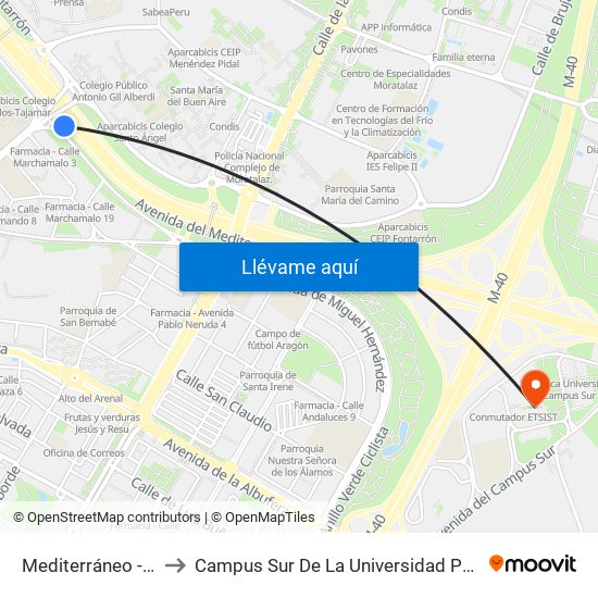 Mediterráneo - Pío Felipe to Campus Sur De La Universidad Politécnica De Madrid map