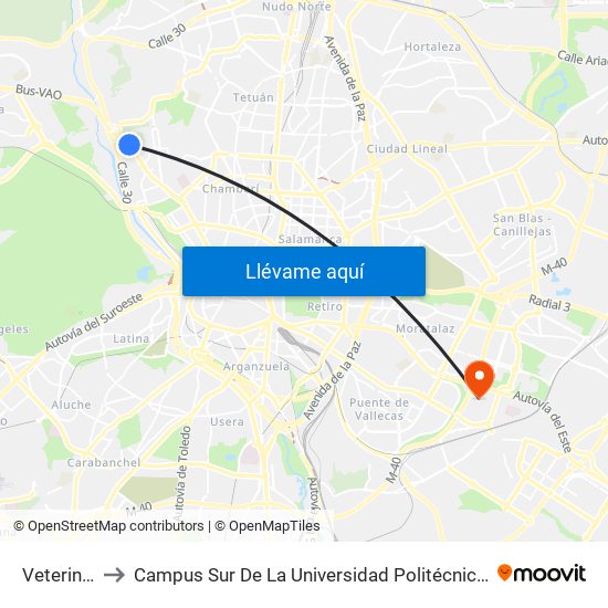 Veterinaria to Campus Sur De La Universidad Politécnica De Madrid map