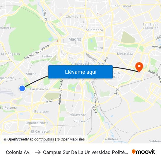 Colonia Aviación to Campus Sur De La Universidad Politécnica De Madrid map