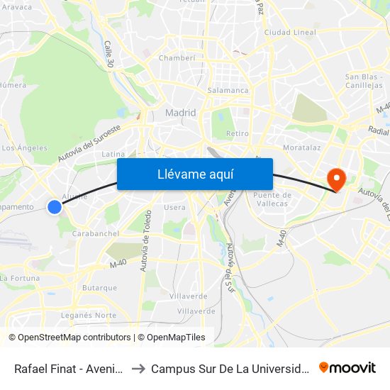 Rafael Finat - Avenida De Las Águilas to Campus Sur De La Universidad Politécnica De Madrid map