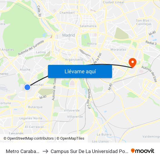 Metro Carabanchel Alto to Campus Sur De La Universidad Politécnica De Madrid map