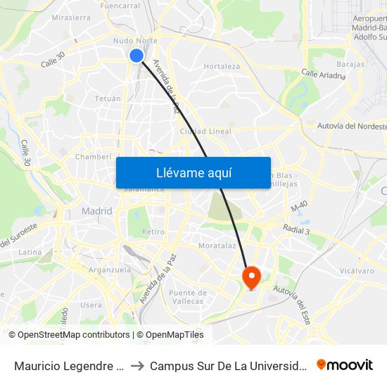 Mauricio Legendre - Manuel Caldeiro to Campus Sur De La Universidad Politécnica De Madrid map