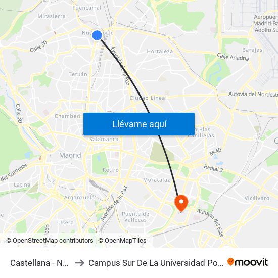 Castellana - Nudo Norte to Campus Sur De La Universidad Politécnica De Madrid map