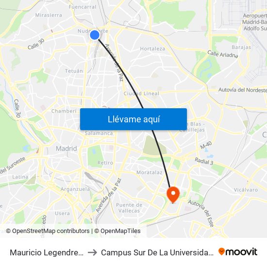 Mauricio Legendre - Cocheras Emt to Campus Sur De La Universidad Politécnica De Madrid map