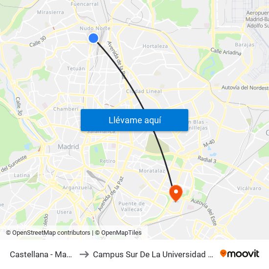 Castellana - Manuel Caldeiro to Campus Sur De La Universidad Politécnica De Madrid map