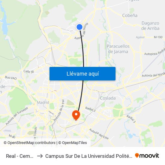 Real - Cementerio to Campus Sur De La Universidad Politécnica De Madrid map