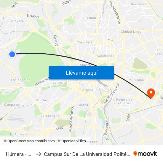 Húmera - Pueblo to Campus Sur De La Universidad Politécnica De Madrid map