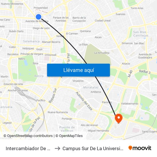 Intercambiador De Avenida De América to Campus Sur De La Universidad Politécnica De Madrid map
