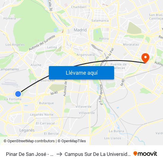 Pinar De San José - Centro De Acogida to Campus Sur De La Universidad Politécnica De Madrid map