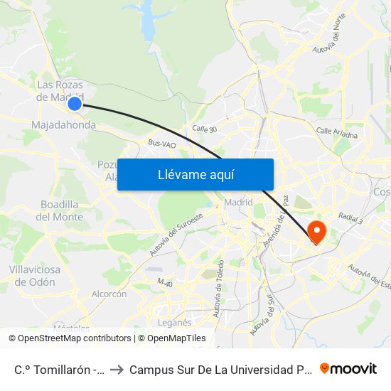 C.º Tomillarón - San Pablo to Campus Sur De La Universidad Politécnica De Madrid map