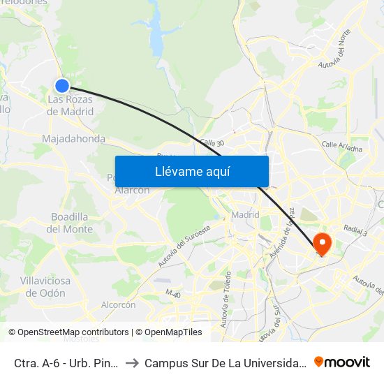 Ctra. A-6 - Urb. Pinar De Las Rozas to Campus Sur De La Universidad Politécnica De Madrid map