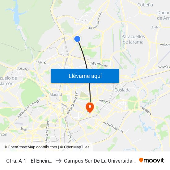 Ctra. A-1 - El Encinar De Los Reyes to Campus Sur De La Universidad Politécnica De Madrid map