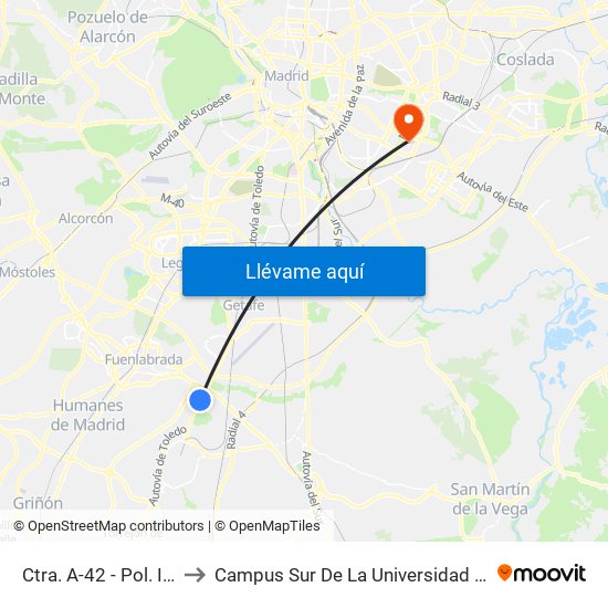Ctra. A-42 - Pol. Ind. Cantueña to Campus Sur De La Universidad Politécnica De Madrid map