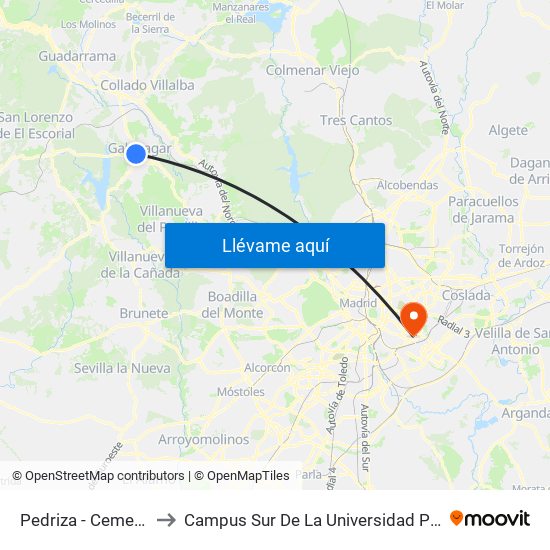 Pedriza - Cementerio Viejo to Campus Sur De La Universidad Politécnica De Madrid map